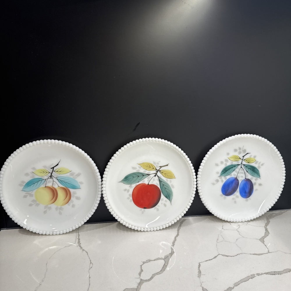 (3) VTG Westmoreland Hand Painted Milk Glass Beaded Edge 7.5" Plate